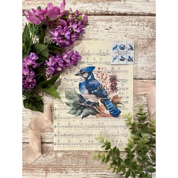 Blue Jay Bird Sheet Music 8x10 Wall Collage Artwork Picture Prints, Set of 6 - Picture 2 of 5